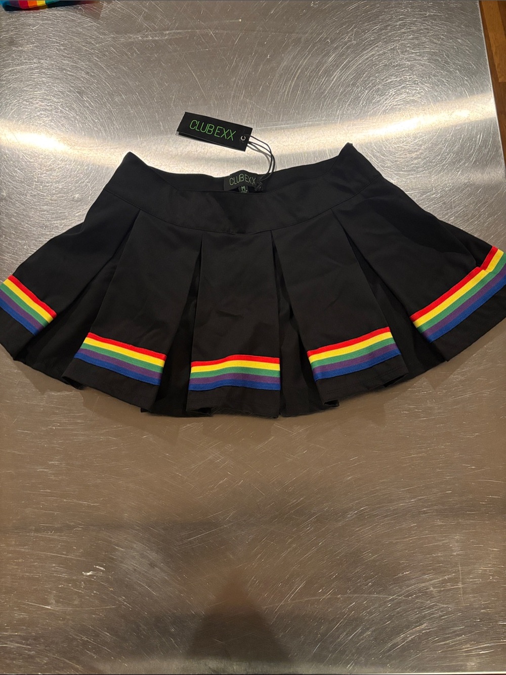 Club Exx Pride Black Pleated Skater Mini Skirt with Rainbow Hem